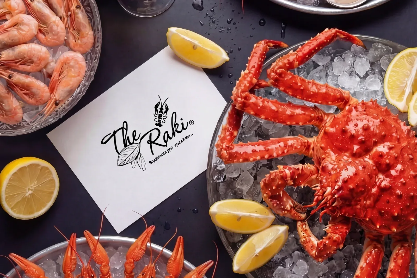 Раки, камчатский краб и креветки на льду с лимоном, карточка The Raki