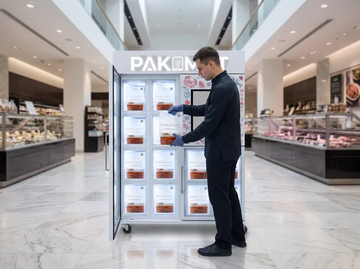 Сотрудник загружает боксы с раками в Ракомат 24/7 в супермаркете, дверца открыта